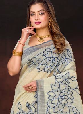 navy blue woven cotton saree with blouse 2