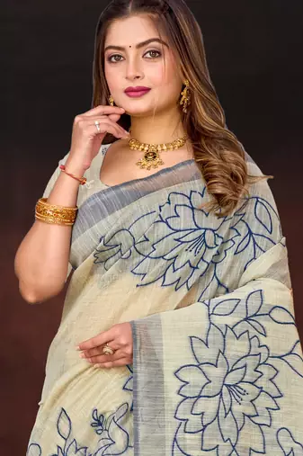 navy blue woven cotton saree with blouse