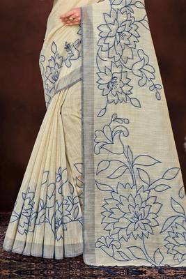 navy blue woven cotton saree with blouse 3