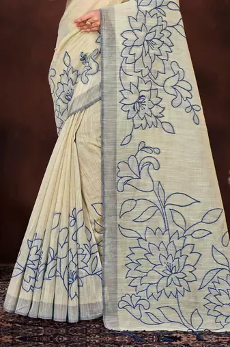 navy blue woven cotton saree with blouse