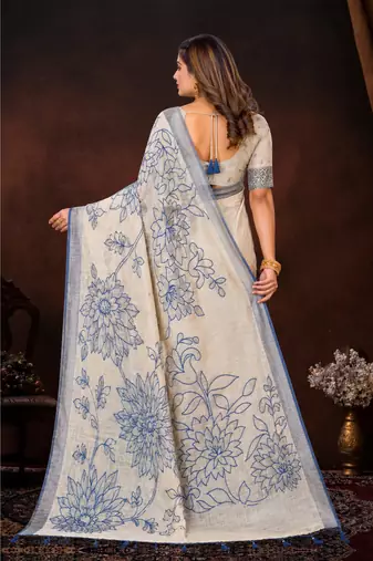 navy blue woven cotton saree with blouse