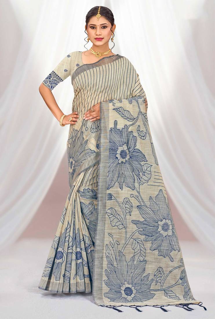 navy blue woven cotton saree with blouse