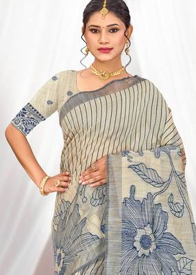 navy blue woven cotton saree with blouse 2