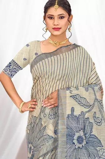 navy blue woven cotton saree with blouse