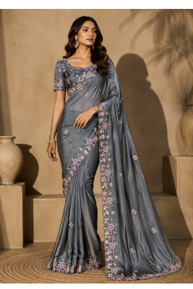 grey embroidery sequin and multi border silk saree 1