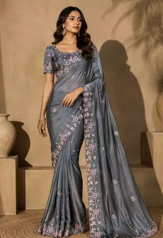 grey embroidery sequin and multi border silk saree