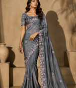 grey embroidery sequin and multi border silk saree
