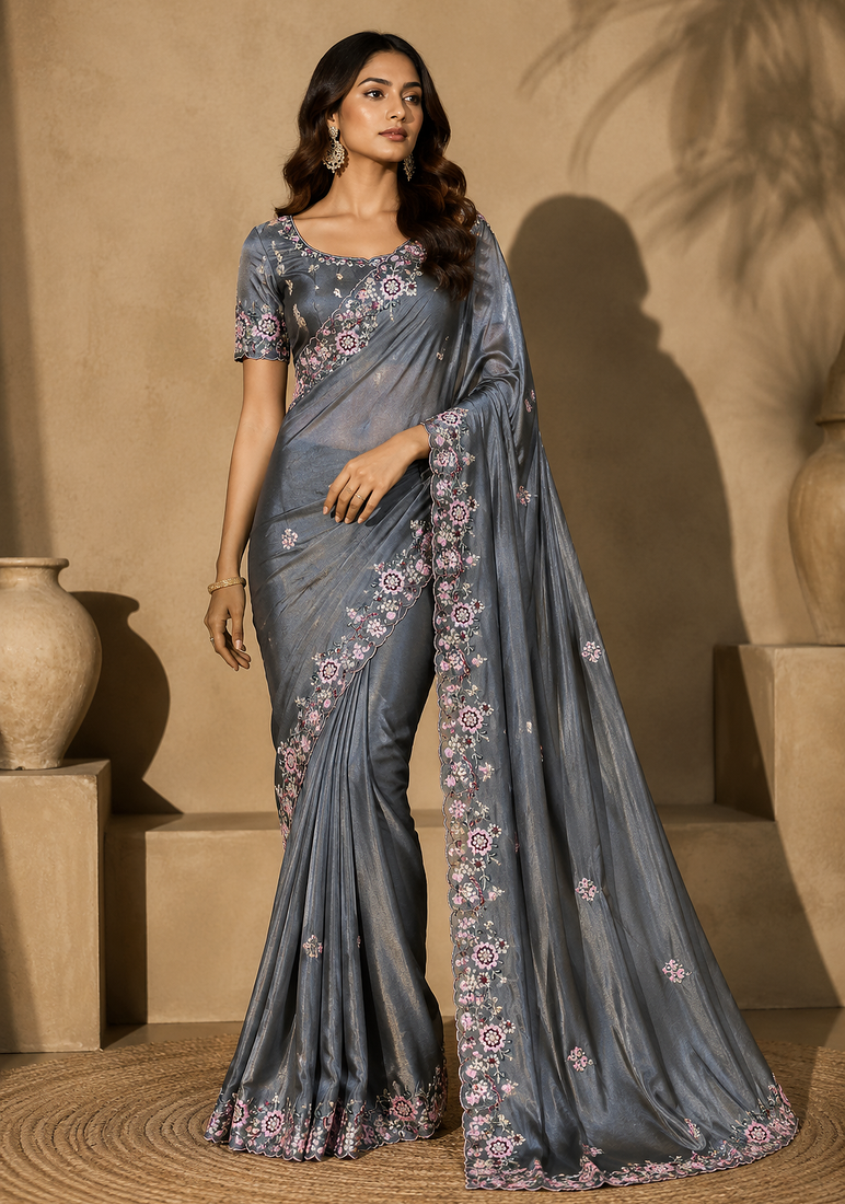 grey embroidery sequin and multi border silk saree