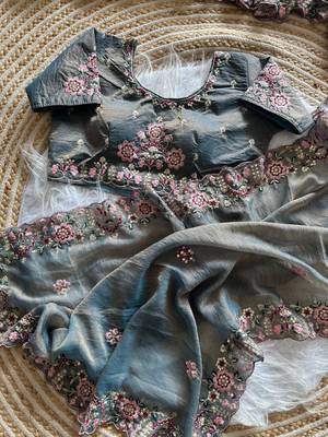 grey embroidery sequin and multi border silk saree 2