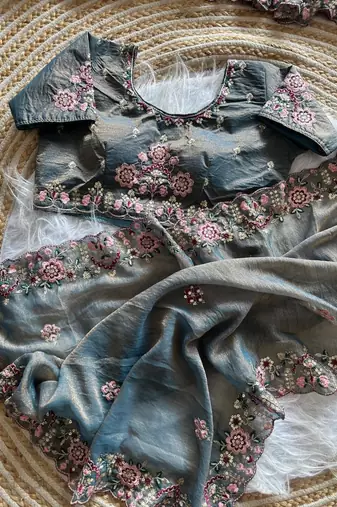 grey embroidery sequin and multi border silk saree