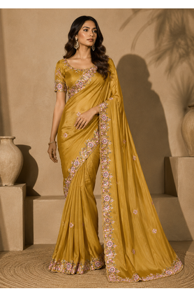 yellow embroidery sequin and multi border silk saree 1