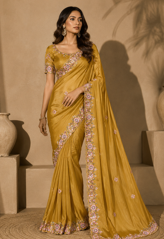 yellow embroidery sequin and multi border silk saree