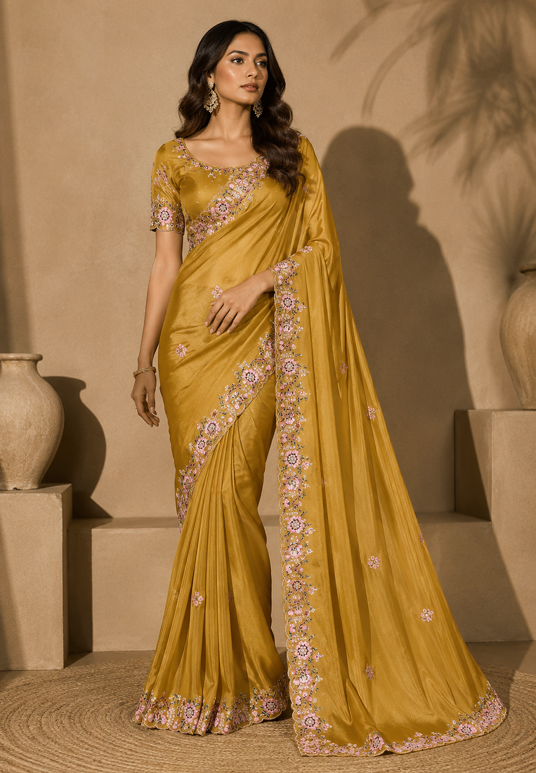 yellow embroidery sequin and multi border silk saree