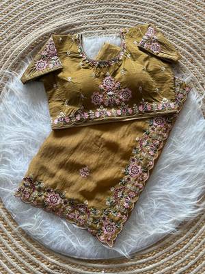 yellow embroidery sequin and multi border silk saree 2