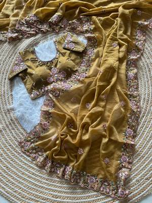 yellow embroidery sequin and multi border silk saree 3