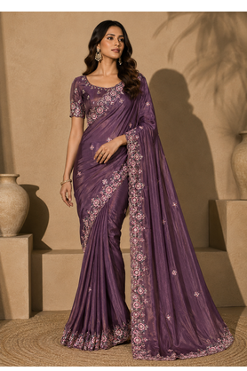 purple embroidery sequin and multi border silk saree 1