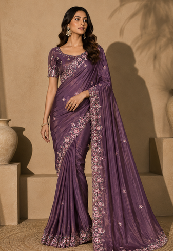 purple embroidery sequin and multi border silk saree