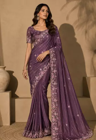 purple embroidery sequin and multi border silk saree