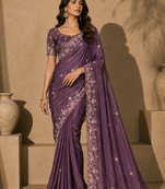 purple embroidery sequin and multi border silk saree