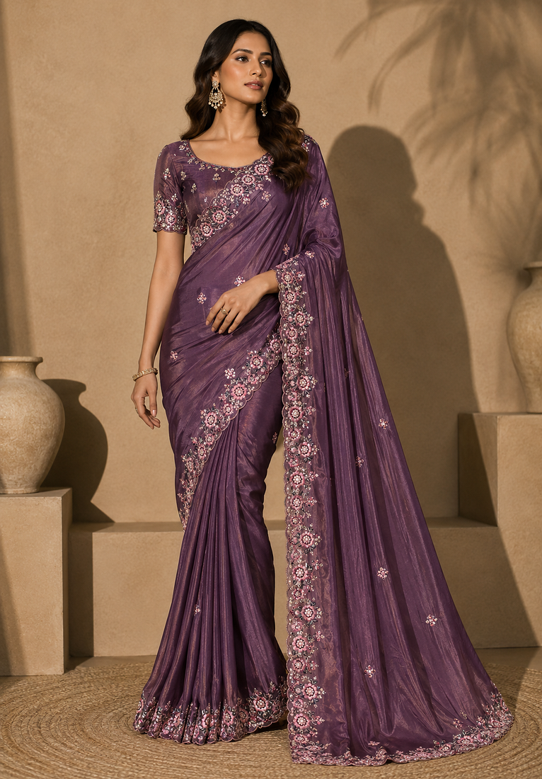 purple embroidery sequin and multi border silk saree