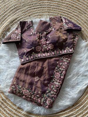 purple embroidery sequin and multi border silk saree 2