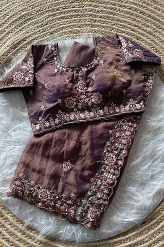 purple embroidery sequin and multi border silk saree