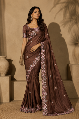 brown embroidery sequin and multi border silk saree