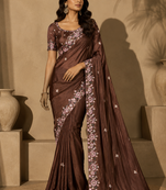 brown embroidery sequin and multi border silk saree