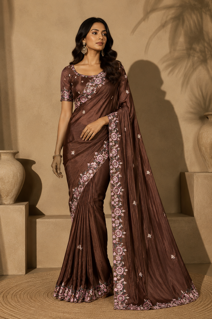 brown embroidery sequin and multi border silk saree