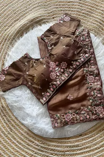 brown embroidery sequin and multi border silk saree