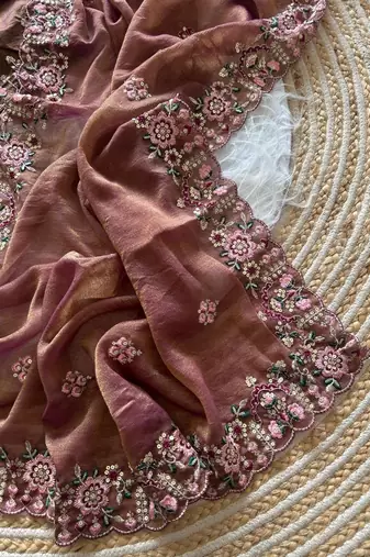 brown embroidery sequin and multi border silk saree