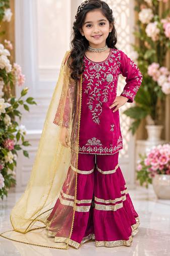 Designer girls ranipink georgette embroidered kurta gharara set with net dupatta