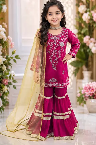 Designer girls ranipink georgette embroidered kurta gharara set with net dupatta