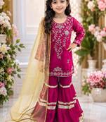 Designer girls ranipink georgette embroidered kurta gharara set with net dupatta