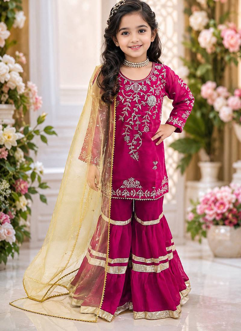 Designer girls ranipink georgette embroidered kurta gharara set with net dupatta