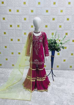 Designer girls ranipink georgette embroidered kurta gharara set with net dupatta 2