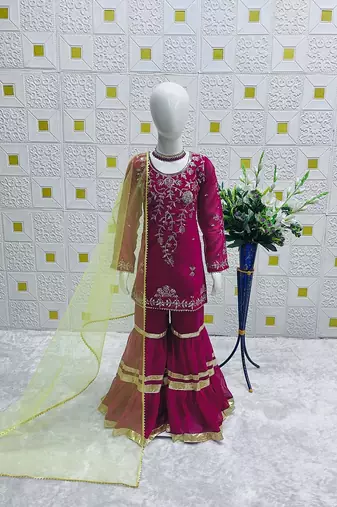 Designer girls ranipink georgette embroidered kurta gharara set with net dupatta