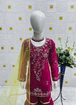 Designer girls ranipink georgette embroidered kurta gharara set with net dupatta 3