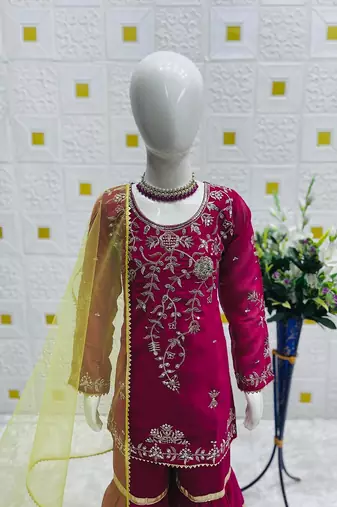 Designer girls ranipink georgette embroidered kurta gharara set with net dupatta