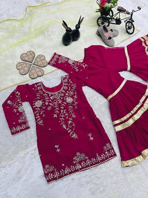 Designer girls ranipink georgette embroidered kurta gharara set with net dupatta 4
