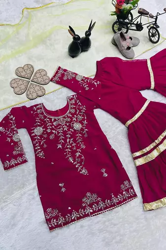 Designer girls ranipink georgette embroidered kurta gharara set with net dupatta
