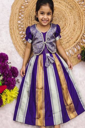 Latest designer girls royal purple silk pattu pavadai lehenga choli set with brocade koti