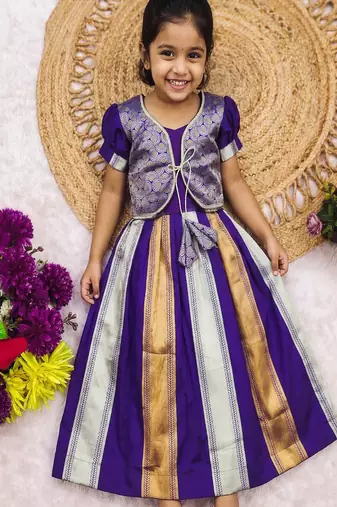 Latest designer girls royal purple silk pattu pavadai lehenga choli set with brocade koti