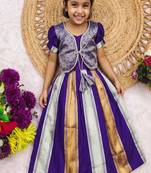 Latest designer girls royal purple silk pattu pavadai lehenga choli set with brocade koti