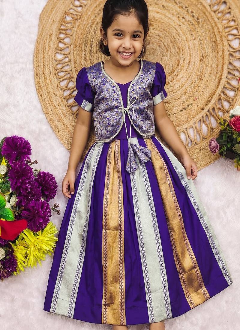 Latest designer girls royal purple silk pattu pavadai lehenga choli set with brocade koti