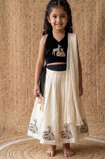 New latest kids off-white silk lehenga with black velvet choli & deer embroidery motif