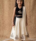  latest kids off-white silk lehenga with black velvet choli & deer embroidery motif