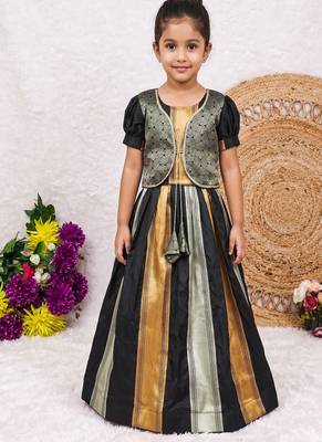 New kids trendy jet black traditional langa voni lehenga set with zari koti jacket 1