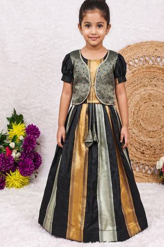 New kids trendy jet black traditional langa voni lehenga set with zari koti jacket