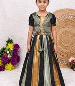 New kids trendy jet black traditional langa voni lehenga set with zari koti jacket